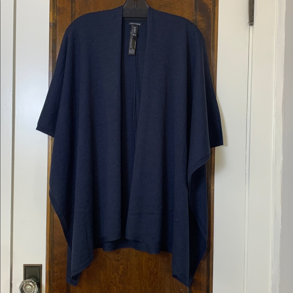 Eileen Fisher Fine Merino Poncho Regenerative Wool OS Navy Excellent Condition